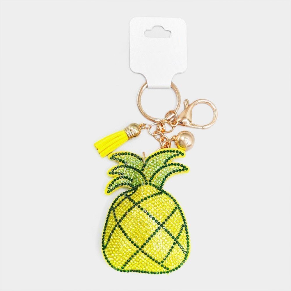 New Womens Boutique Bling Summer Pineapple Tassel Keychain w Gold Hardware